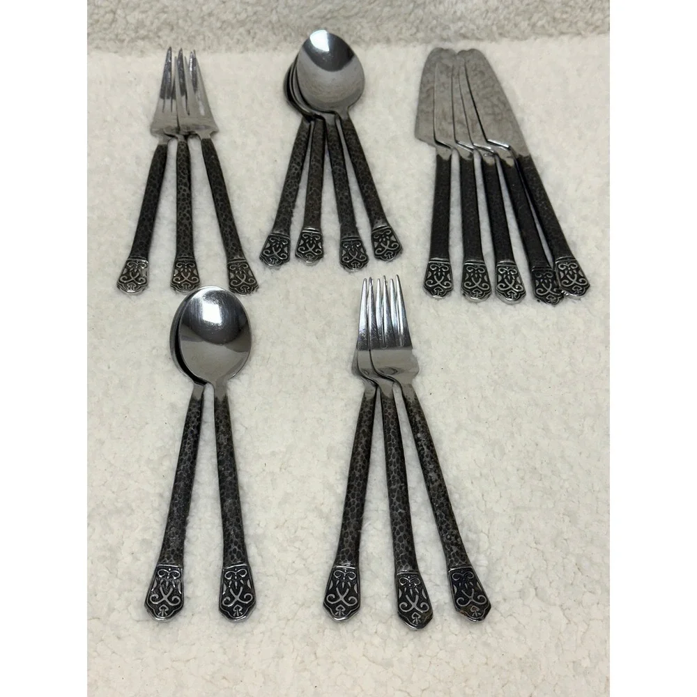 Mixed Lot 17pc Flatware Stainless Hammered Ornate Avalon Dark Metal